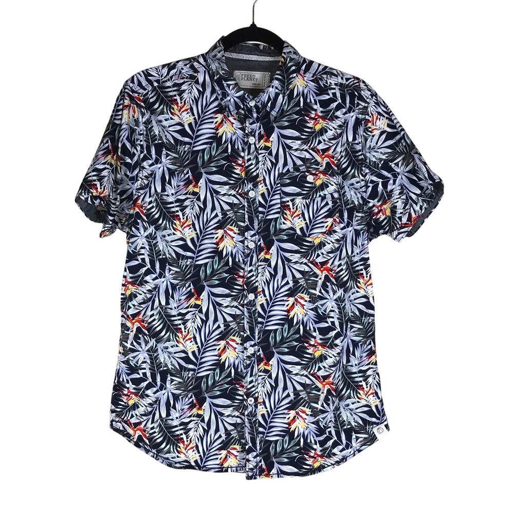 Free Planet Floral Shirt Men’s Medium Black Tropical Button Up Cotton Stretch